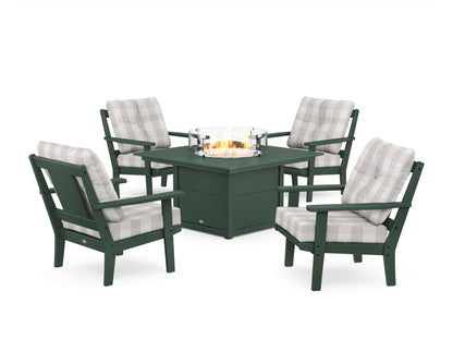 POLYWOOD® Prairie 5-Piece Deep Seating Set with Fire Pit Table in Green / Buffalo Plaid Dune Burlap