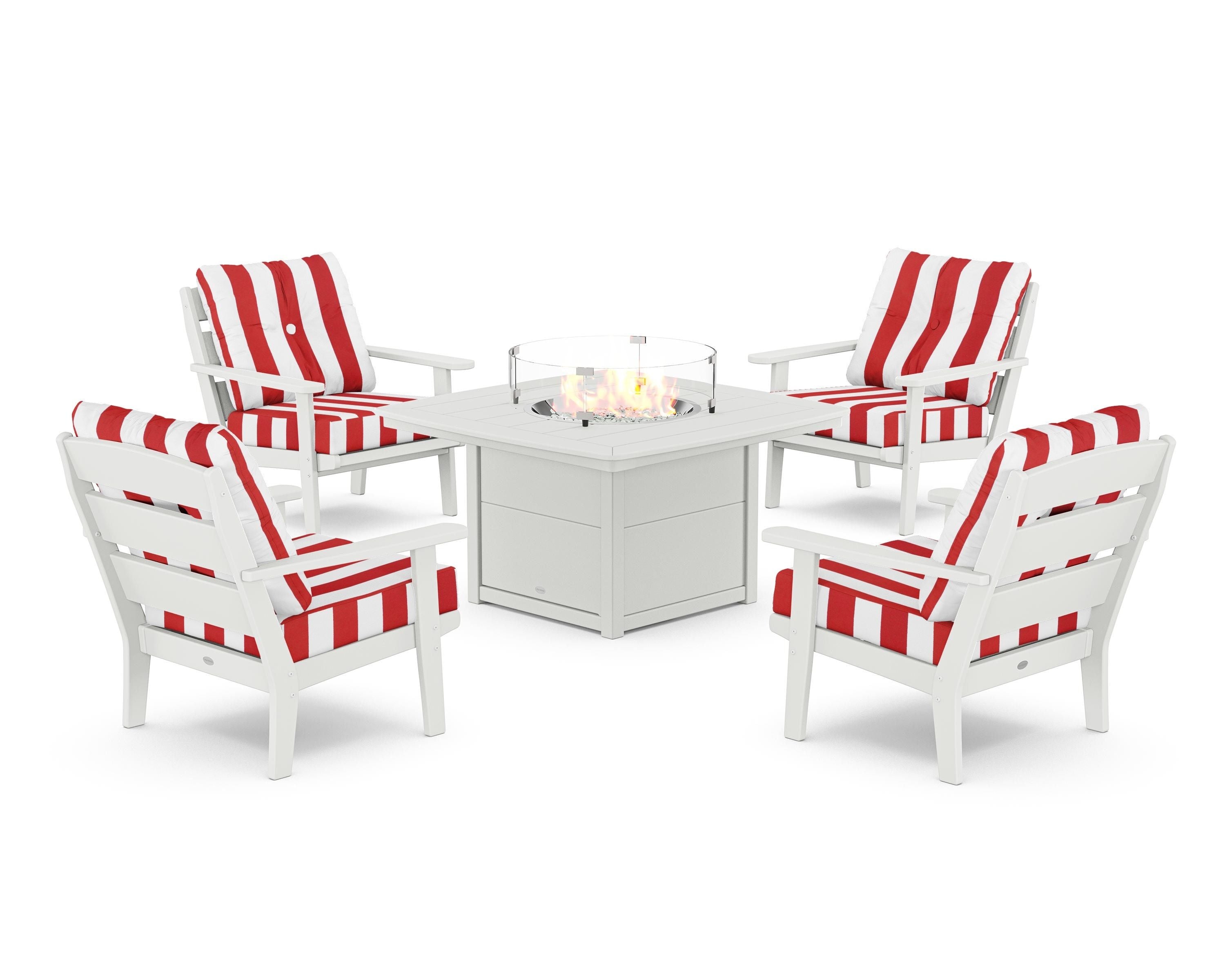 POLYWOOD® Lakeside 5-Piece Deep Seating Set with Nautical Fire Pit Table in White / Cabana Stripe Crimson
