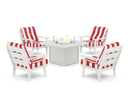 POLYWOOD® Lakeside 5-Piece Deep Seating Set with Nautical Fire Pit Table in White / Cabana Stripe Crimson