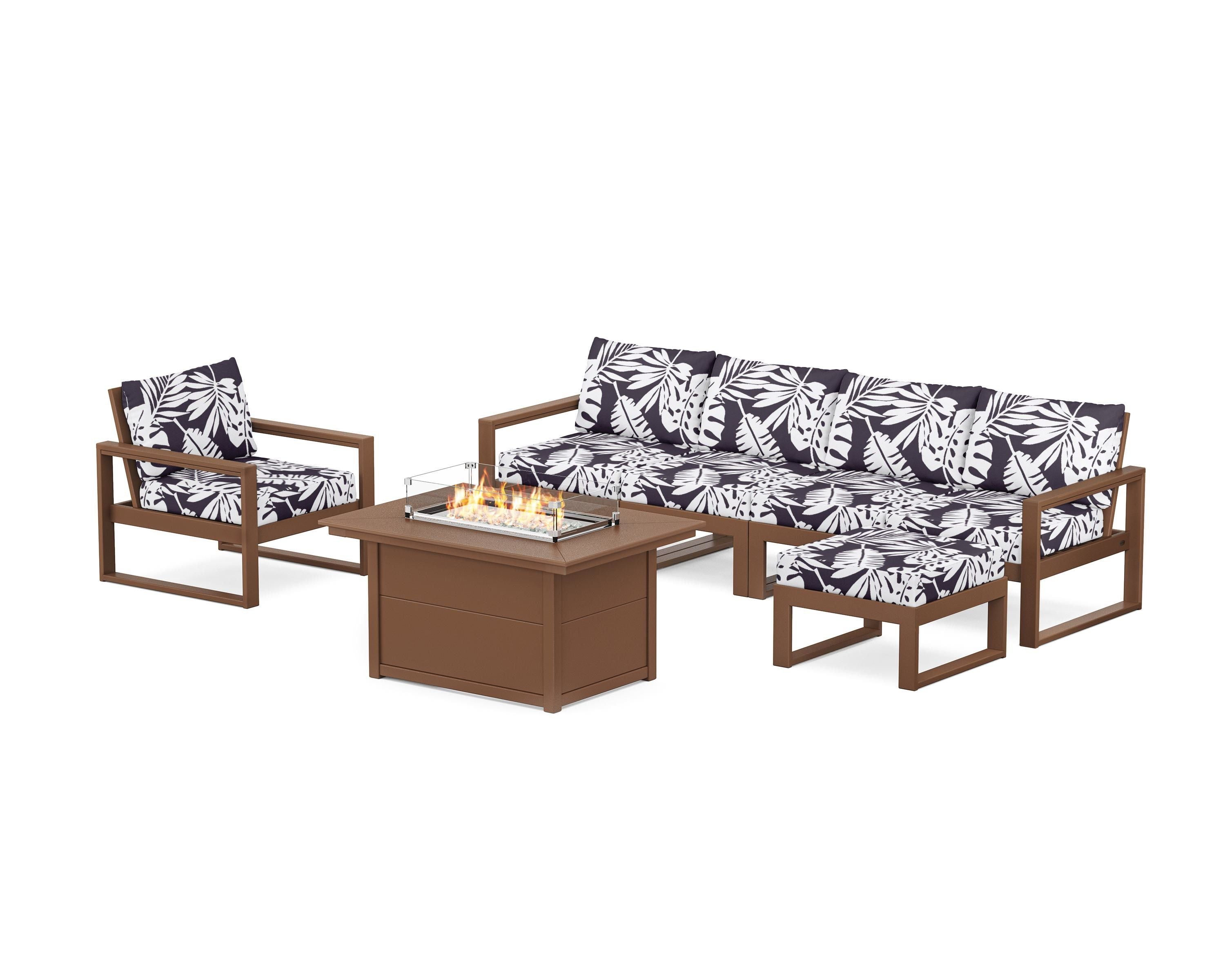 POLYWOOD® EDGE Sectional Lounge and Fire Pit Set in Teak / Leaf Navy