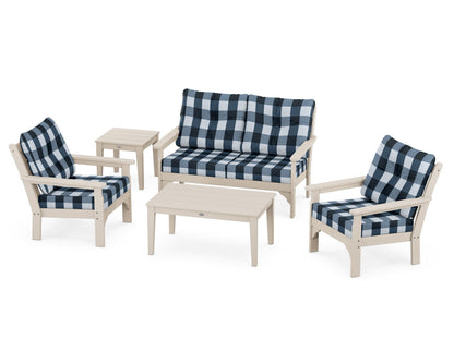 POLYWOOD® Vineyard 5-Piece Deep Seating Set in Sand / Buffalo Plaid Marine Indigo