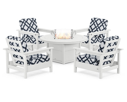 POLYWOOD® Club 5-Piece Conversation Set with Fire Pit Table in White / Trellis Marine Indigo