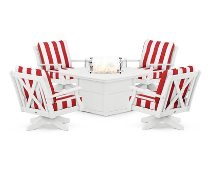POLYWOOD® Braxton 5-Piece Deep Seating Swivel Conversation Set with Fire Pit Table in White / Cabana Stripe Crimson