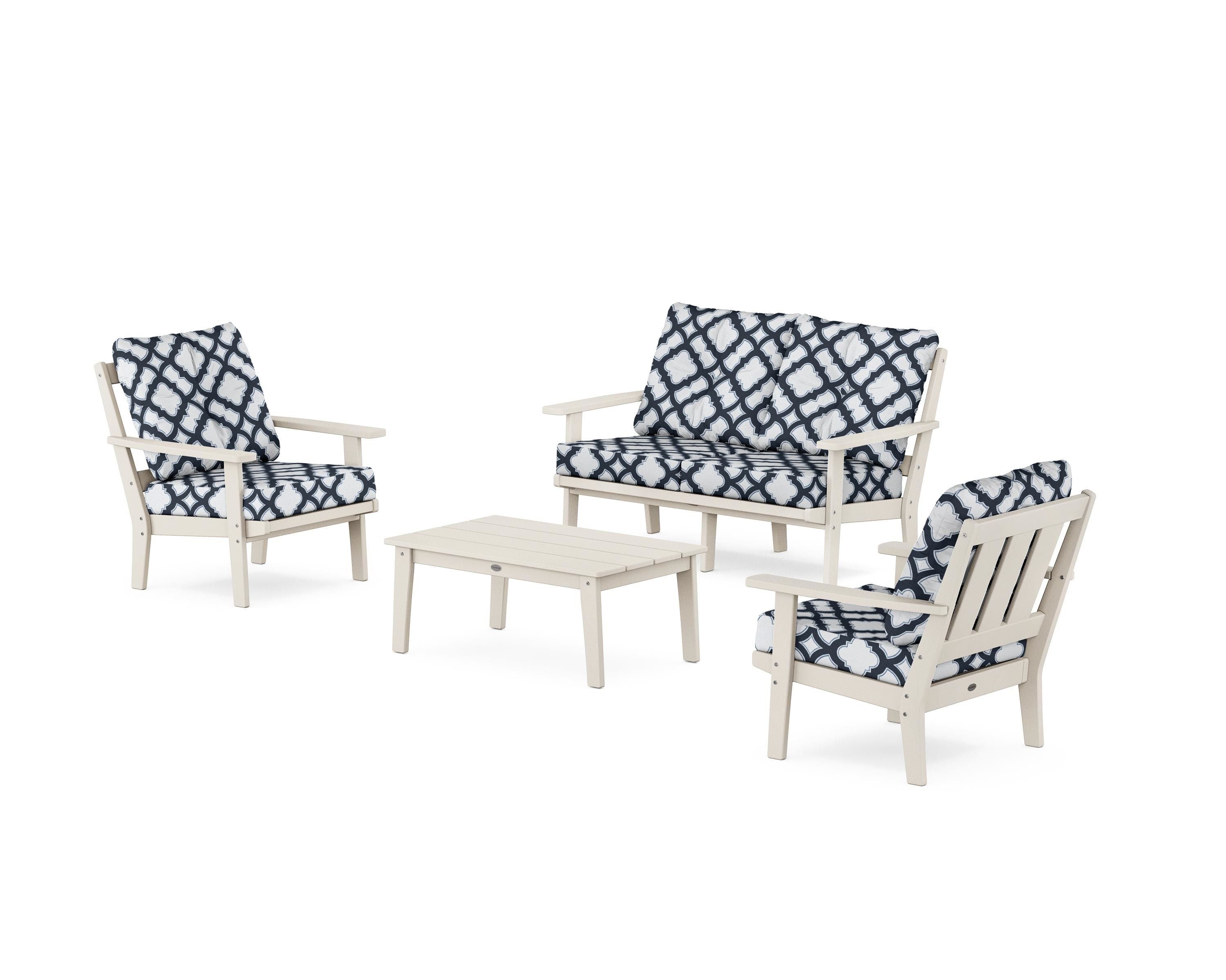 POLYWOOD® Oxford 4-Piece Deep Seating Set with Loveseat in Sand / Trellis Marine Indigo