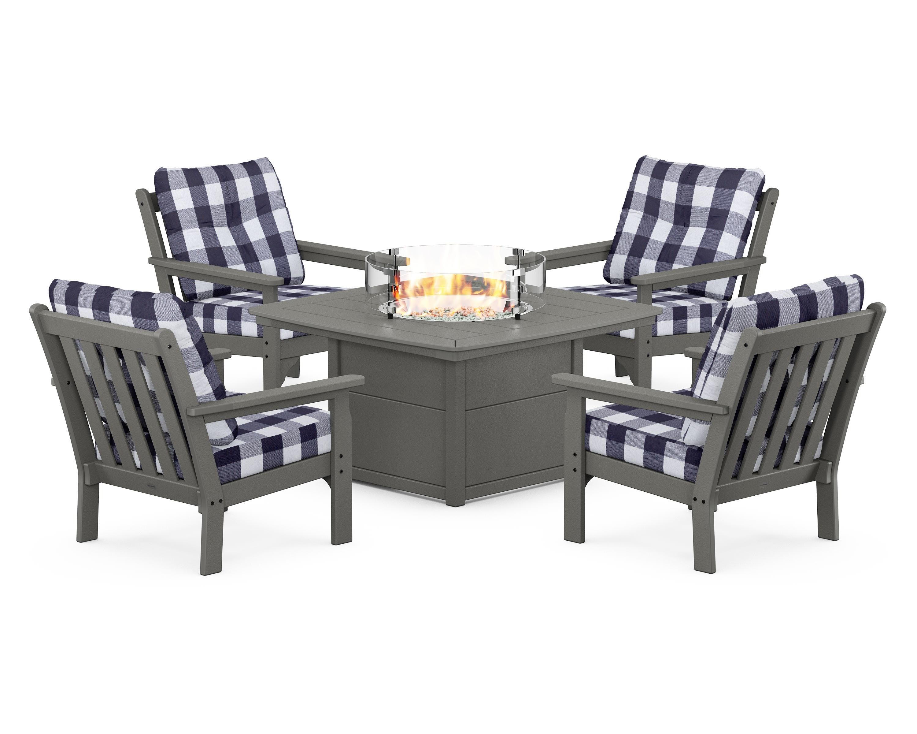 POLYWOOD® Vineyard 5-Piece Conversation Set with Fire Pit Table in Slate Grey / Buffalo Plaid Navy