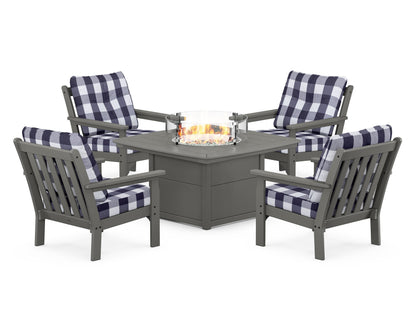 POLYWOOD® Vineyard 5-Piece Conversation Set with Fire Pit Table in Slate Grey / Buffalo Plaid Navy