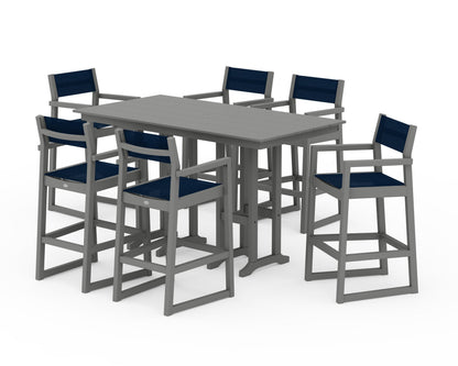 POLYWOOD® EDGE Sling Arm Chair 7-Piece Farmhouse Bar Set in Slate Grey / Navy Blue Sling