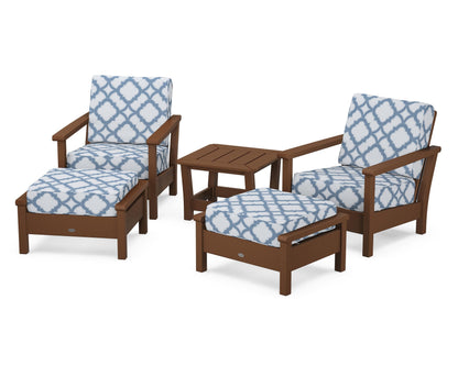POLYWOOD® Harbour 5-Piece Deep Seating Chair Set in Teak / Trellis Sky Blue