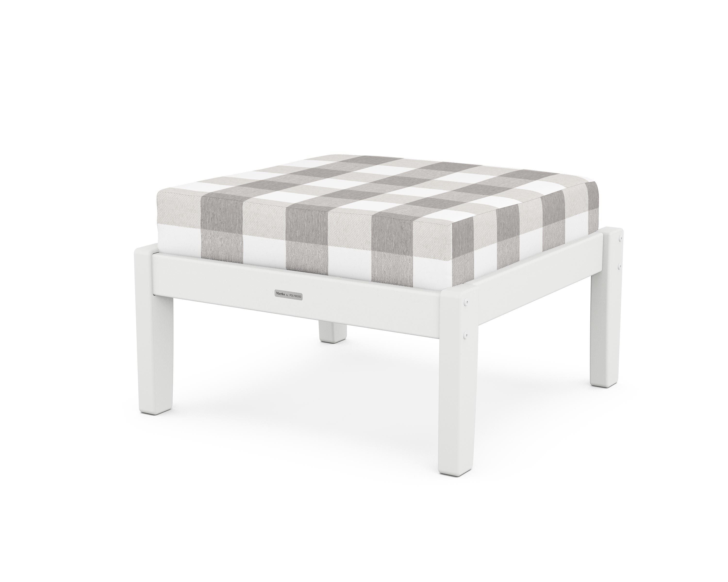 Martha Stewart by POLYWOOD® Chinoiserie Deep Seating Ottoman in White / Buffalo Plaid Grey Mist