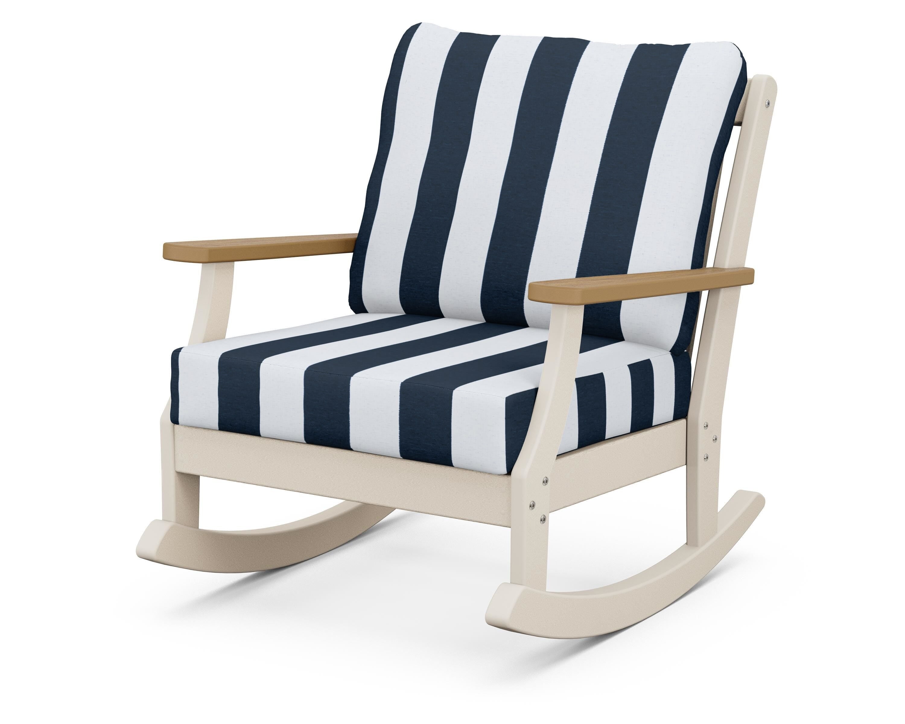 POLYWOOD® Braxton Deep Seating Rocking Chair in Sand / Natural / Cabana Stripe Marine Indigo