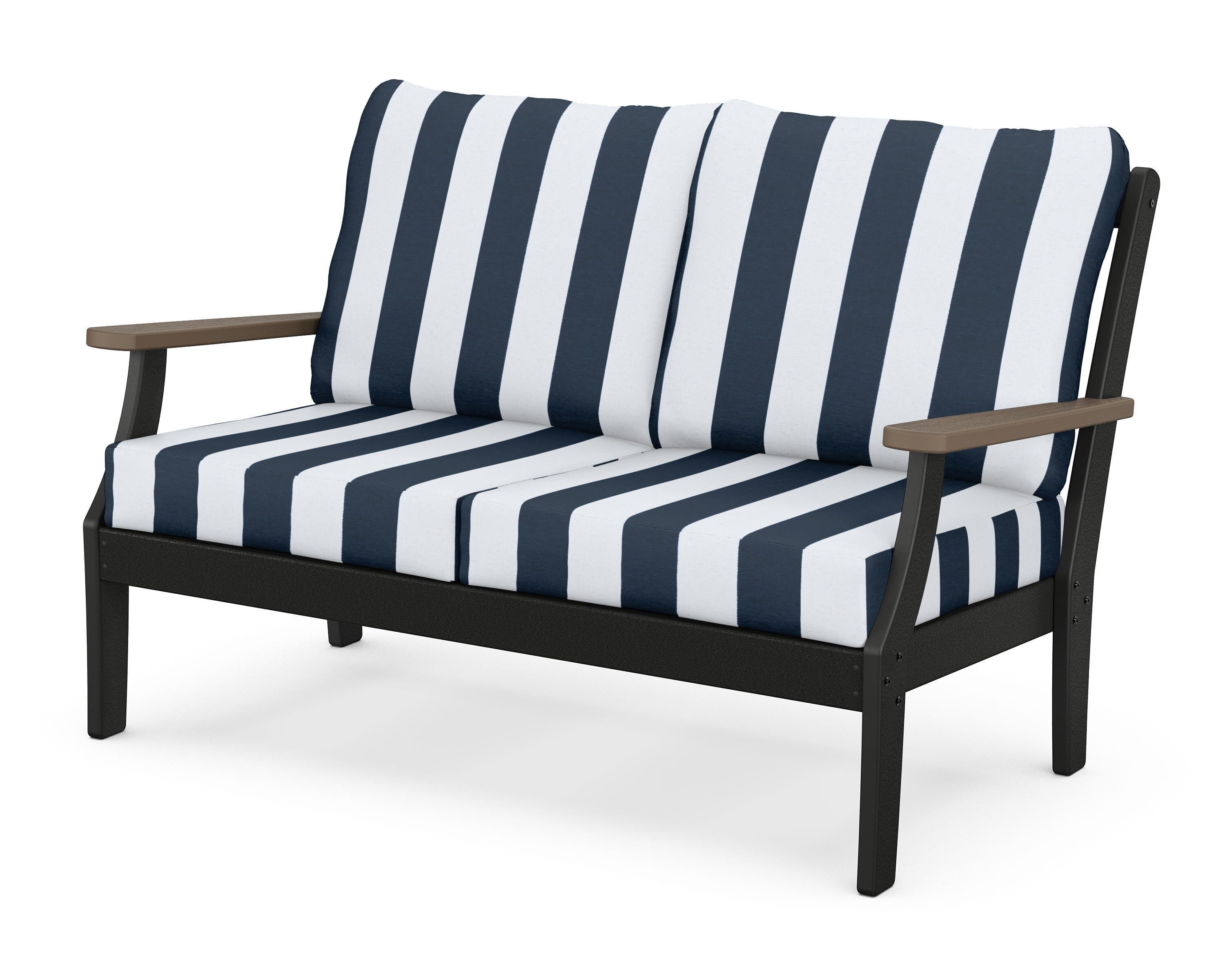 POLYWOOD® Braxton Deep Seating Loveseat in Black / Kona / Cabana Stripe Marine Indigo