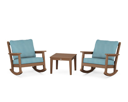 POLYWOOD® Chippendale 3-Piece Deep Seating Rocker Set in Teak / Lattice Sky Blue