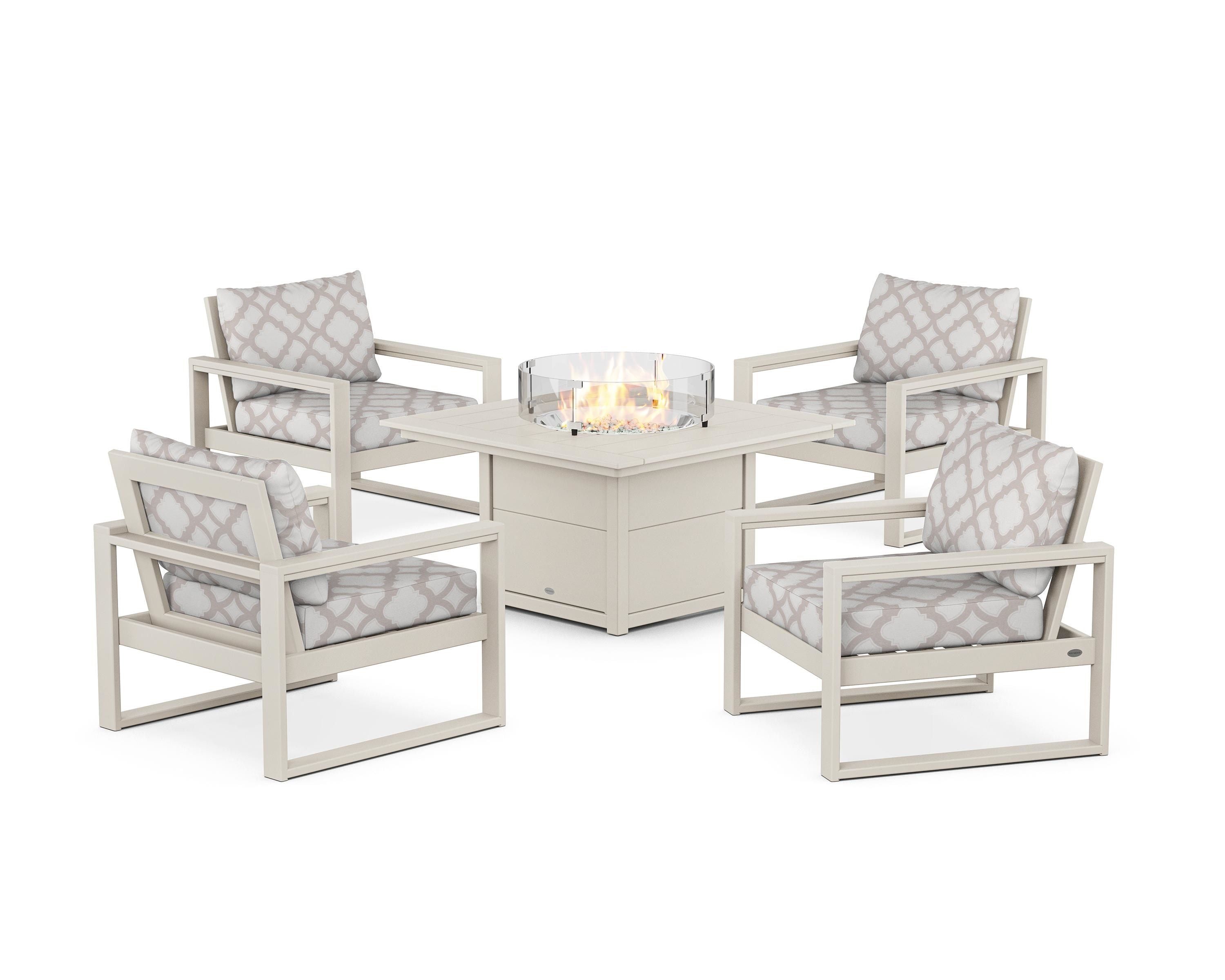 POLYWOOD® EDGE Sectional 5-Piece Deep Seating Set with Fire Pit Table in Sand / Trellis Dune Burlap