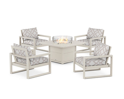 POLYWOOD® EDGE Sectional 5-Piece Deep Seating Set with Fire Pit Table in Sand / Trellis Dune Burlap