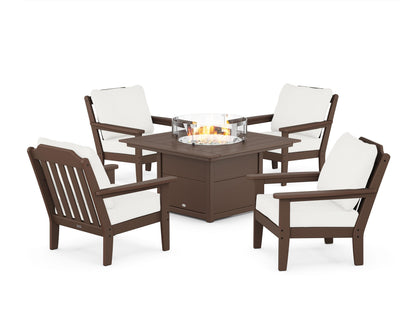 Country Living Cottage 5-Piece Deep Seating Set with Fire Pit Table in Mahogany / Natural Linen