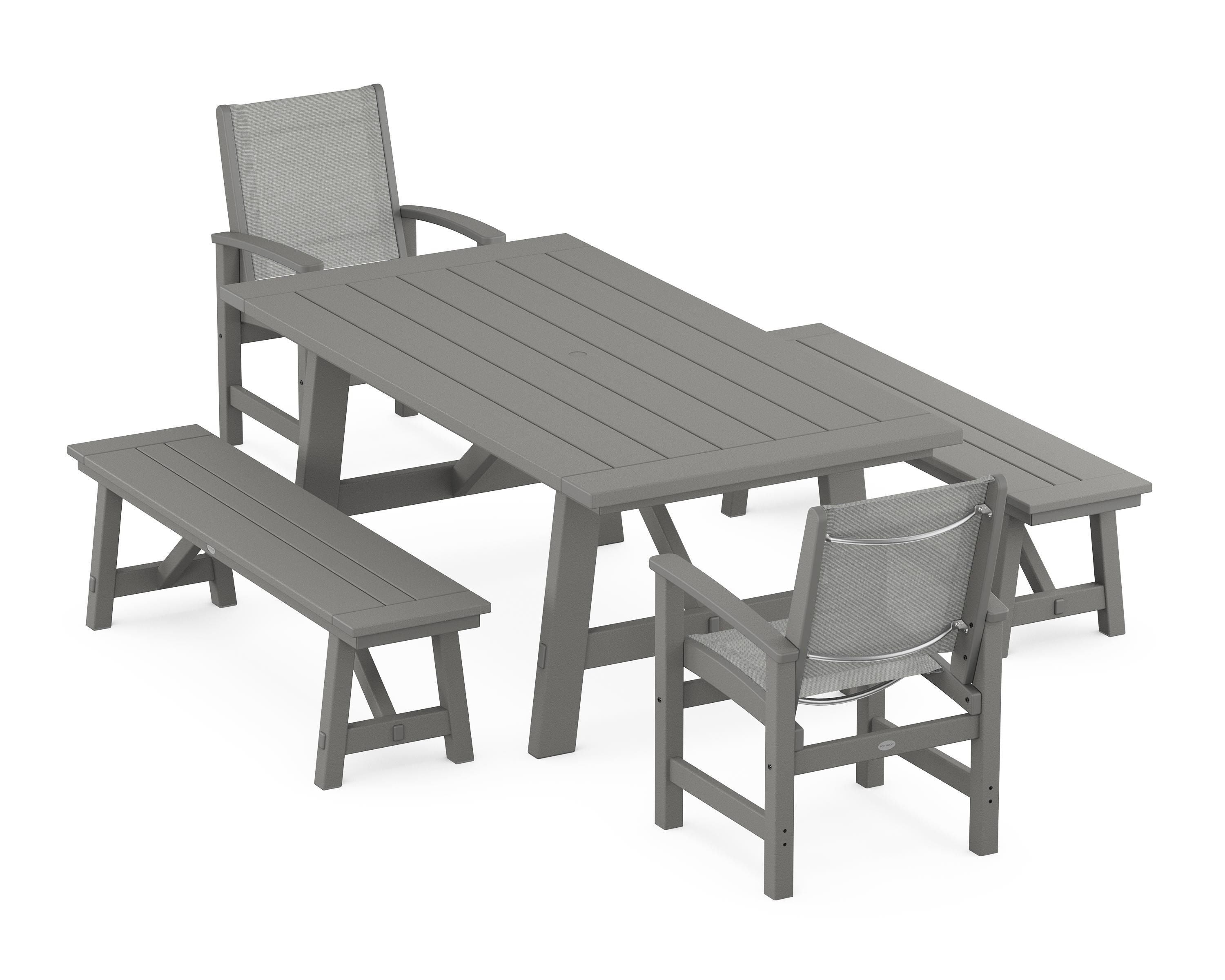 POLYWOOD® Coastal 5-Piece Rustic Farmhouse Dining Set With Benches in Slate Grey / Metallic Sling