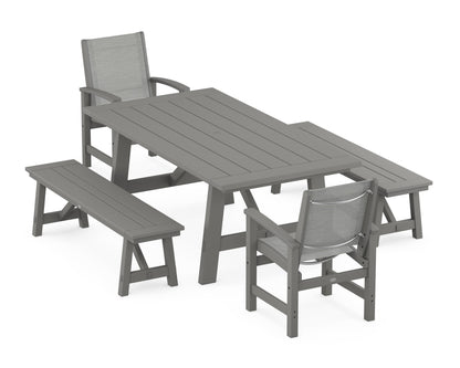 POLYWOOD® Coastal 5-Piece Rustic Farmhouse Dining Set With Benches in Slate Grey / Metallic Sling