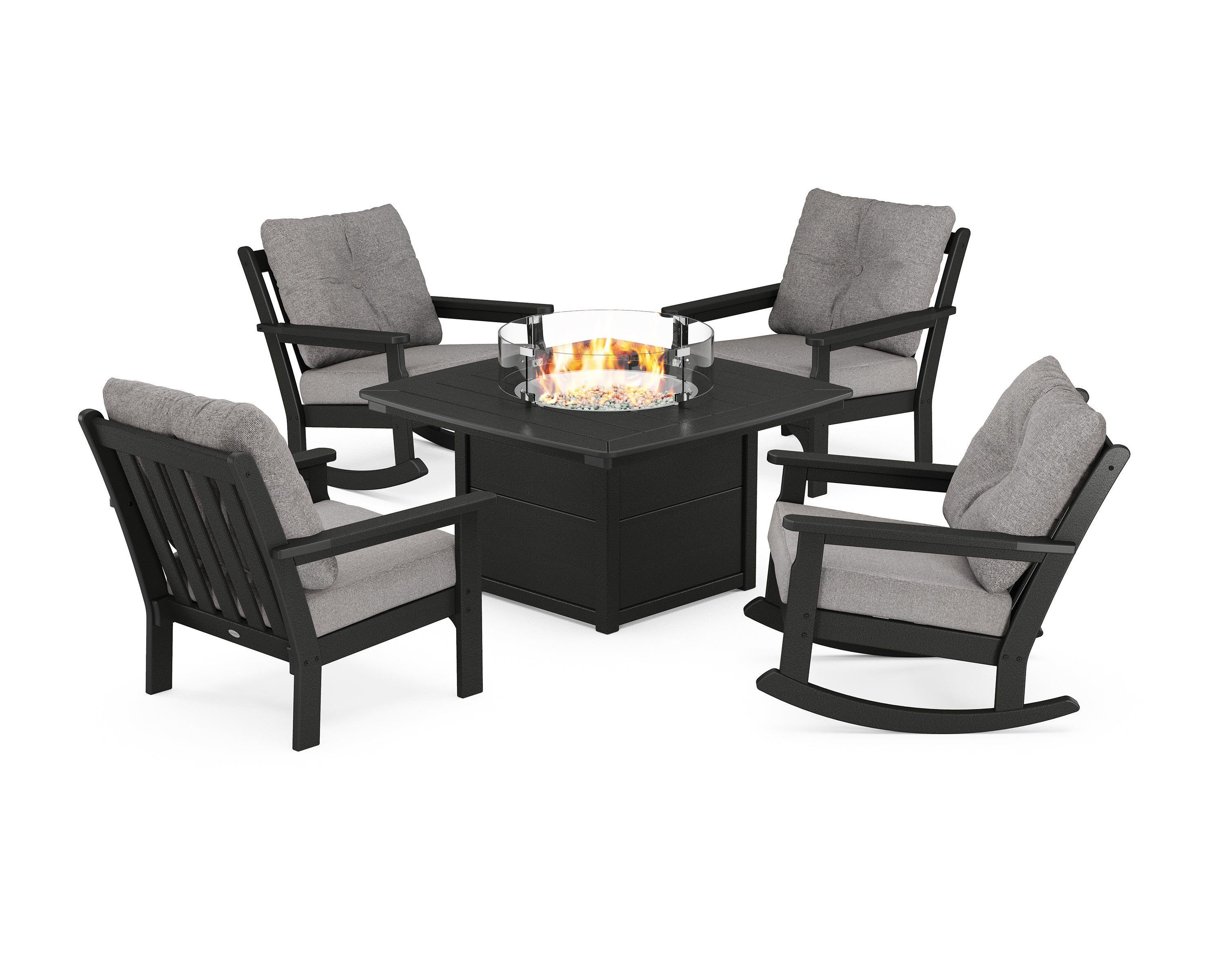 POLYWOOD® Vineyard 5-Piece Deep Seating Rocking Chair Conversation Set with Fire Pit Table in Black / Grey Mist