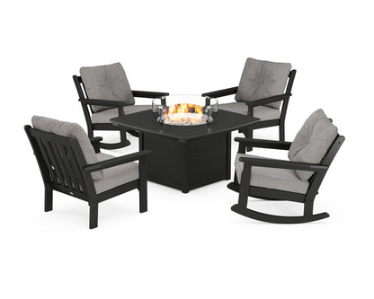 POLYWOOD® Vineyard 5-Piece Deep Seating Rocking Chair Conversation Set with Fire Pit Table in Black / Grey Mist
