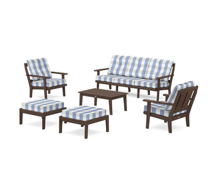 POLYWOOD® Mission 6-Piece Lounge Sofa Set in Mahogany / Buffalo Plaid Sky Blue