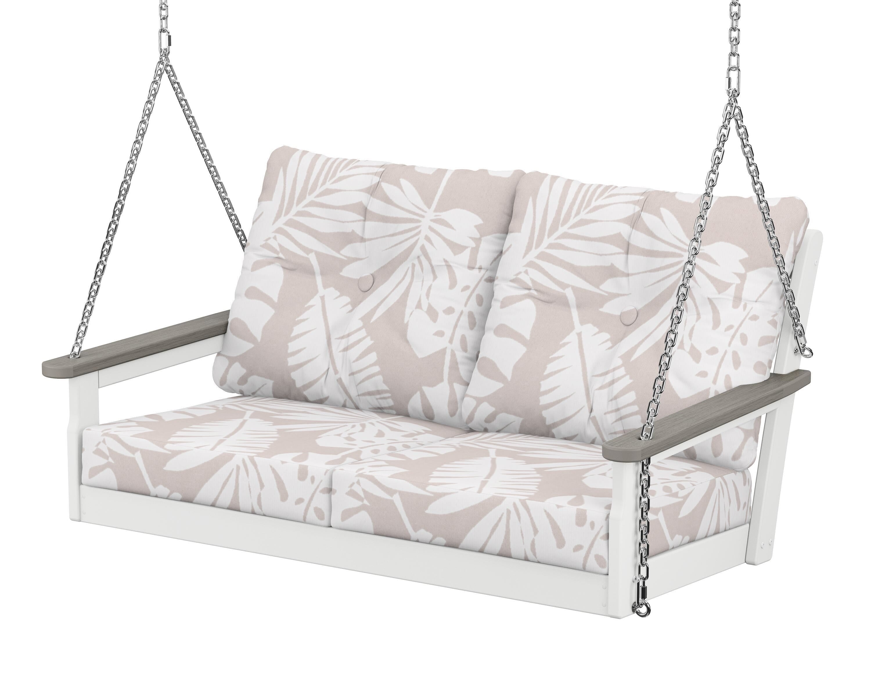 POLYWOOD® Vineyard Deep Seating Swing in White / Driftwood / Leaf Dune Burlap