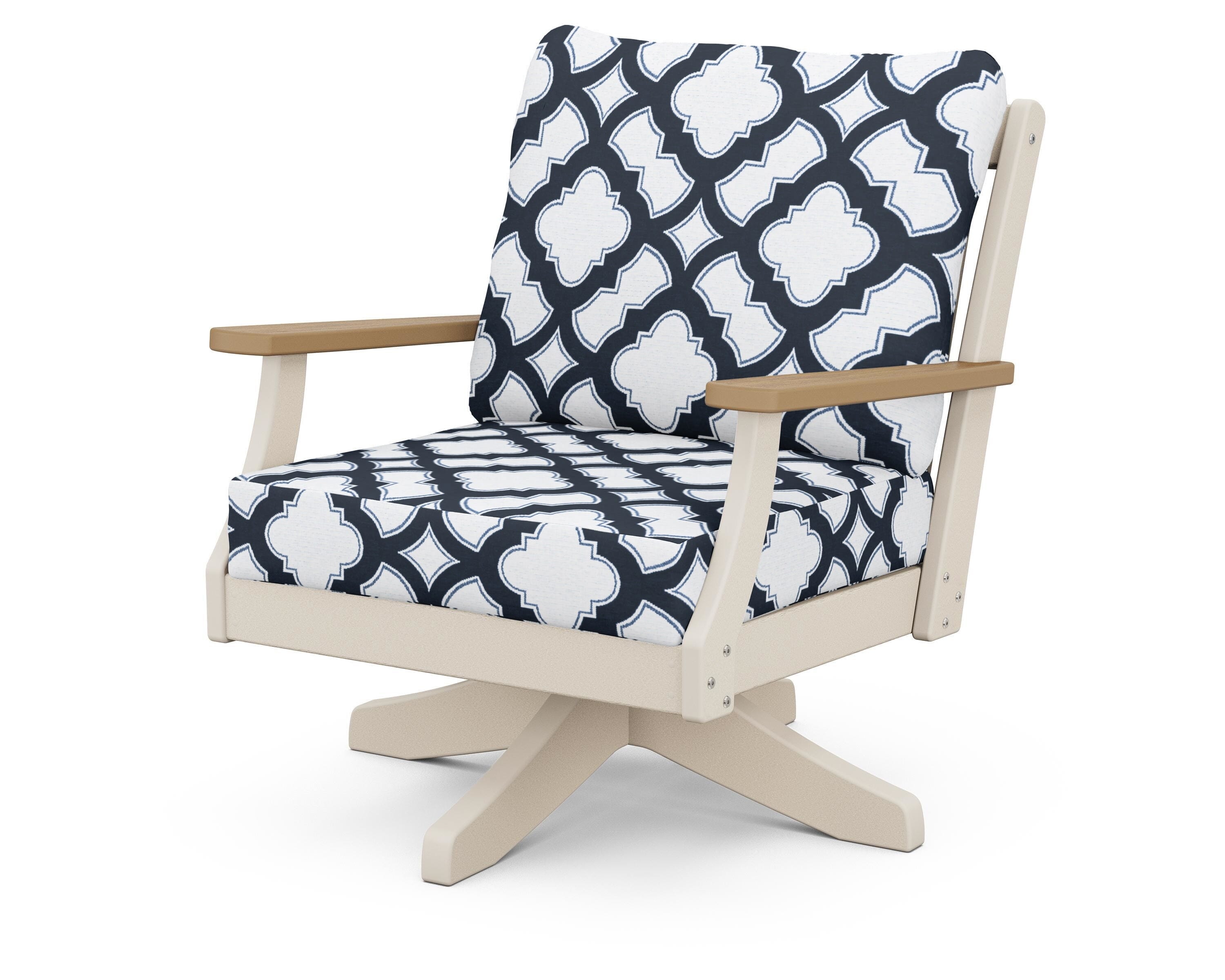POLYWOOD® Braxton Deep Seating Swivel Chair in Sand / Natural / Trellis Marine Indigo
