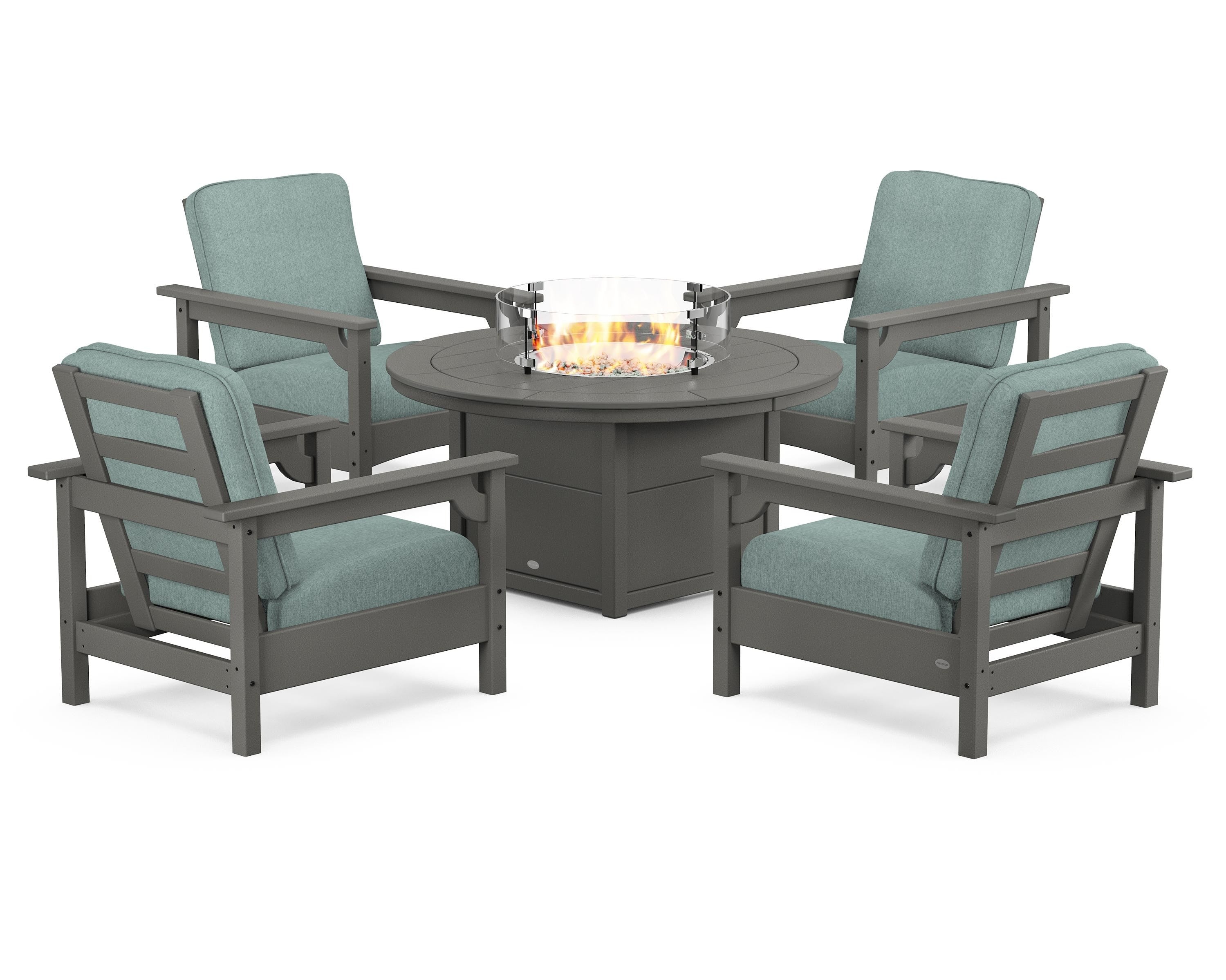 POLYWOOD® Club 5-Piece Conversation Set with Fire Pit Table in Slate Grey / Glacier Spa