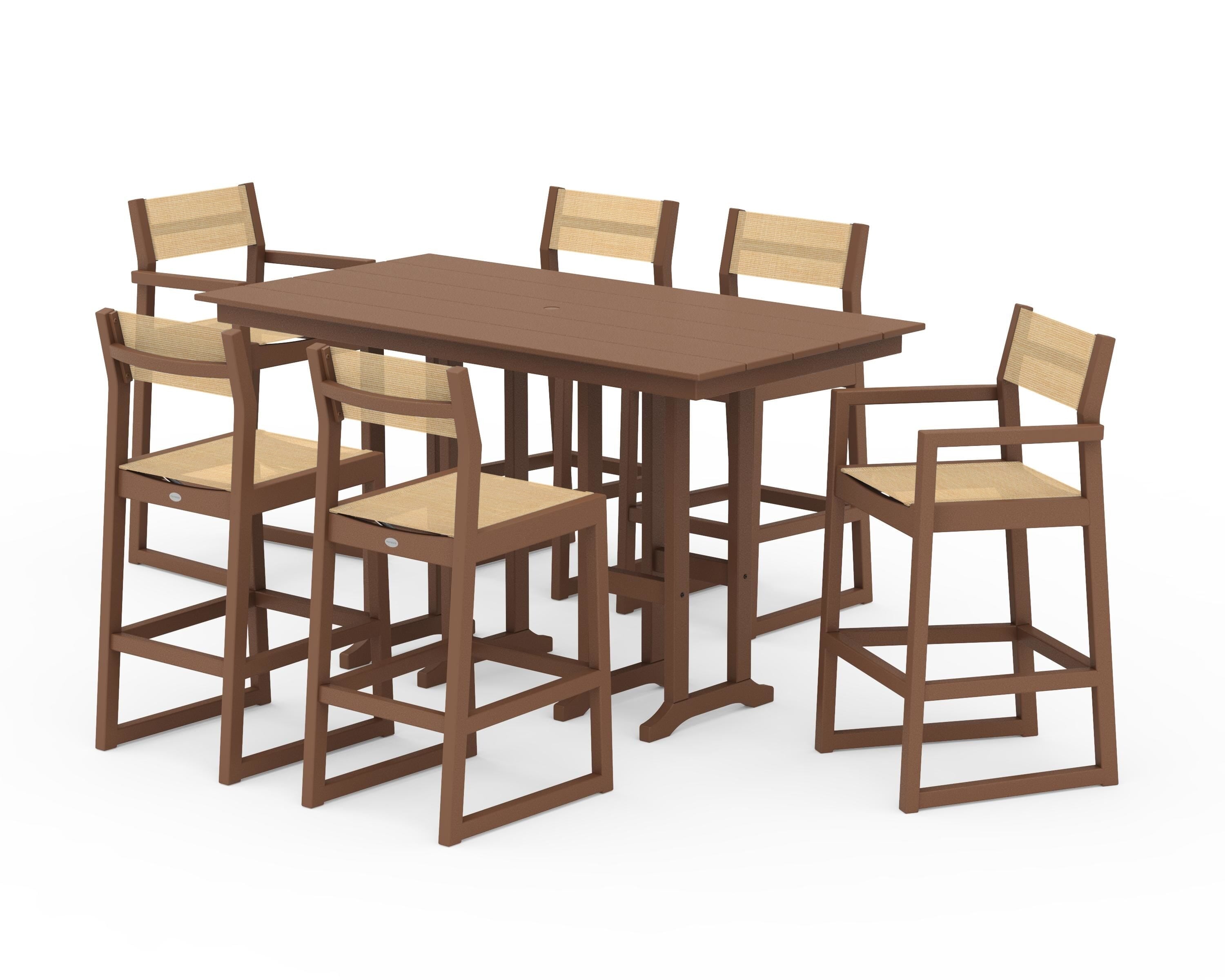 POLYWOOD® EDGE Sling 7-Piece Farmhouse Bar Set in Teak / Dupioni Apricot Sling