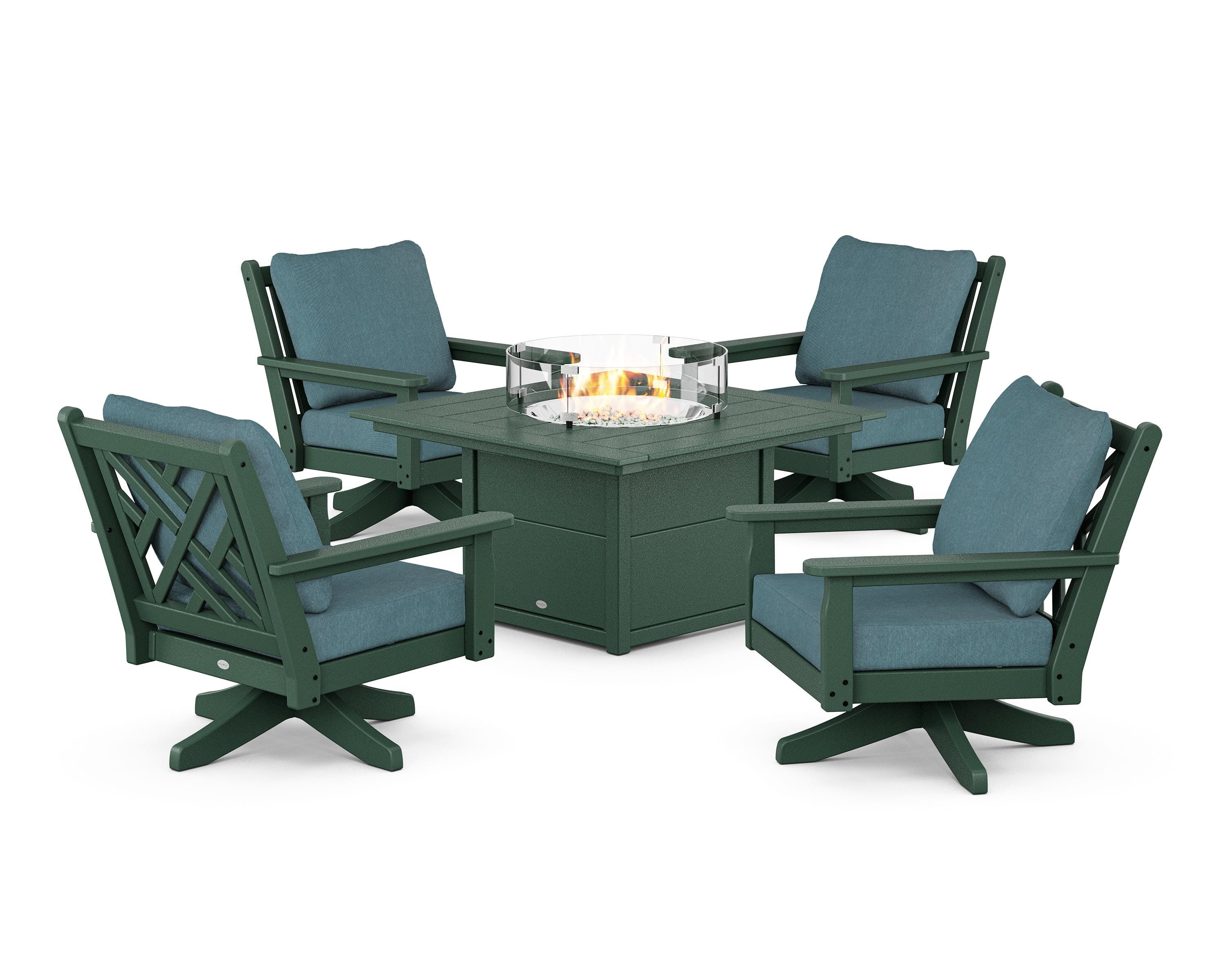 POLYWOOD® Chippendale 5-Piece Deep Seating Swivel Conversation Set with Fire Pit Table in Green / Ocean Teal