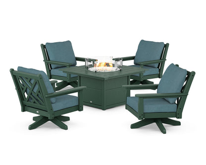 POLYWOOD® Chippendale 5-Piece Deep Seating Swivel Conversation Set with Fire Pit Table in Green / Ocean Teal