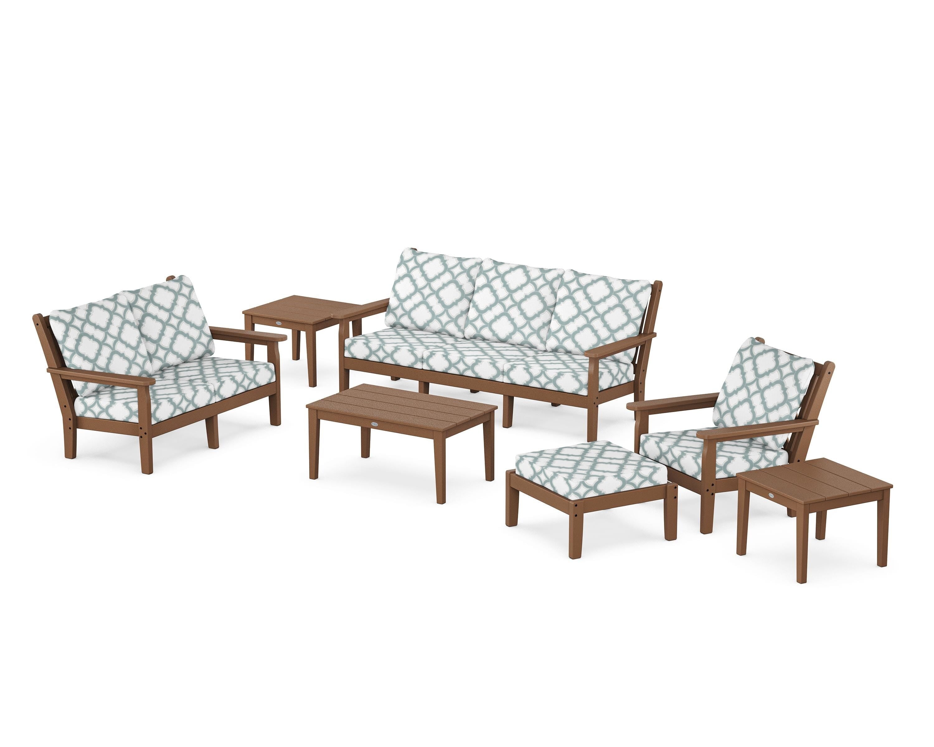 POLYWOOD® Chippendale 7-Piece Deep Seating Set in Teak / Trellis Glacier Spa