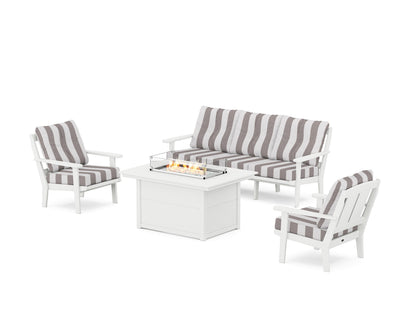 POLYWOOD® Mission Deep Seating Fire Pit Table Set in White / Cabana Stripe Grey Mist