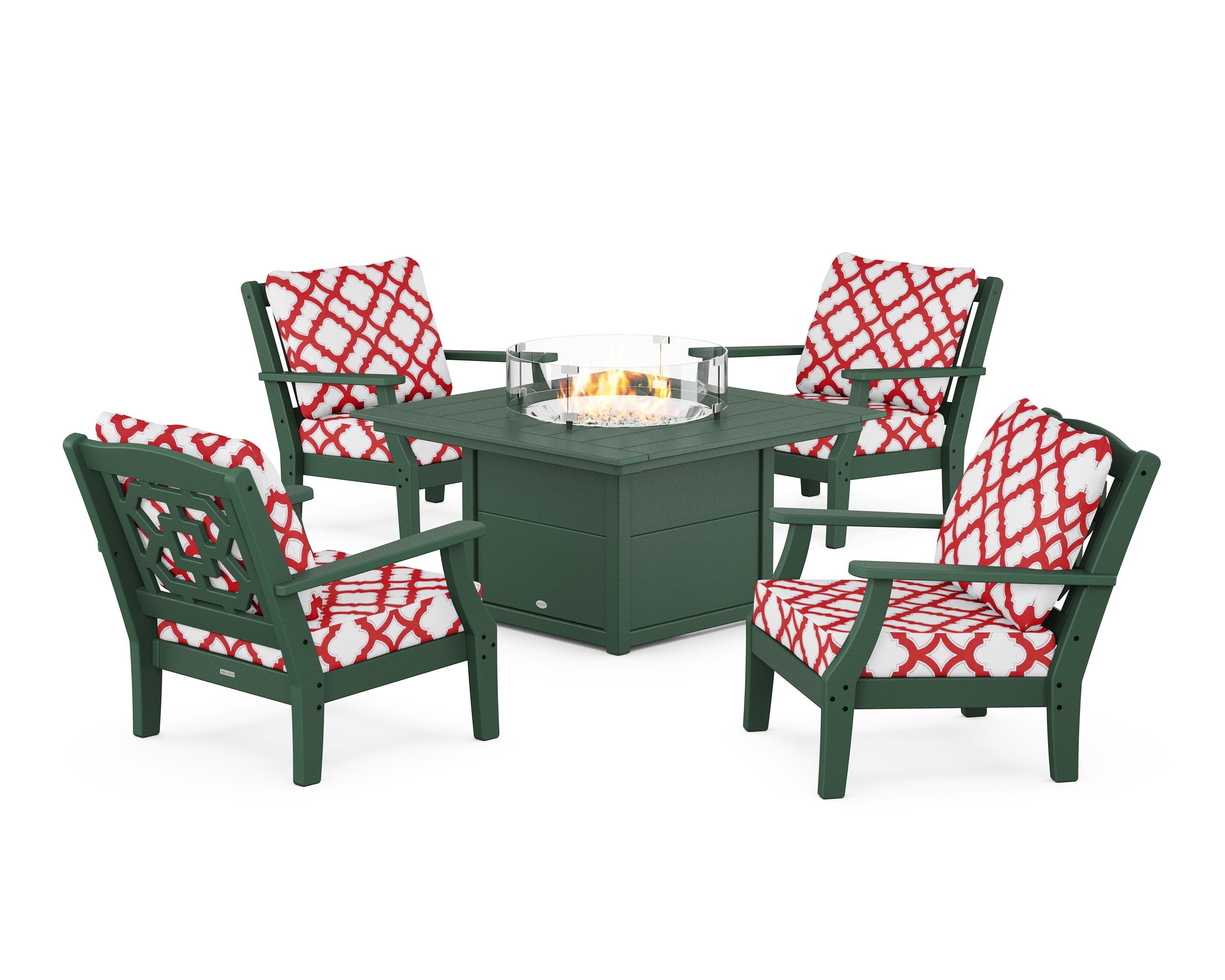 Martha Stewart by POLYWOOD® Chinoiserie 5-Piece Deep Seating Set with Fire Pit Table in Green / Trellis Crimson