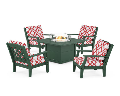 Martha Stewart by POLYWOOD® Chinoiserie 5-Piece Deep Seating Set with Fire Pit Table in Green / Trellis Crimson