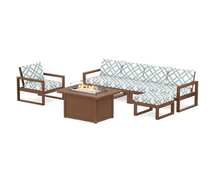POLYWOOD® EDGE Sectional Lounge and Fire Pit Set in Teak / Trellis Glacier Spa