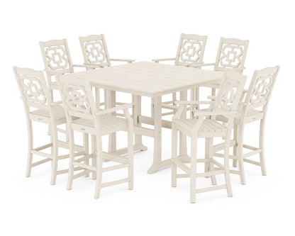 Chinoiserie 9-Piece Square Farmhouse Bar Set with Trestle Legs