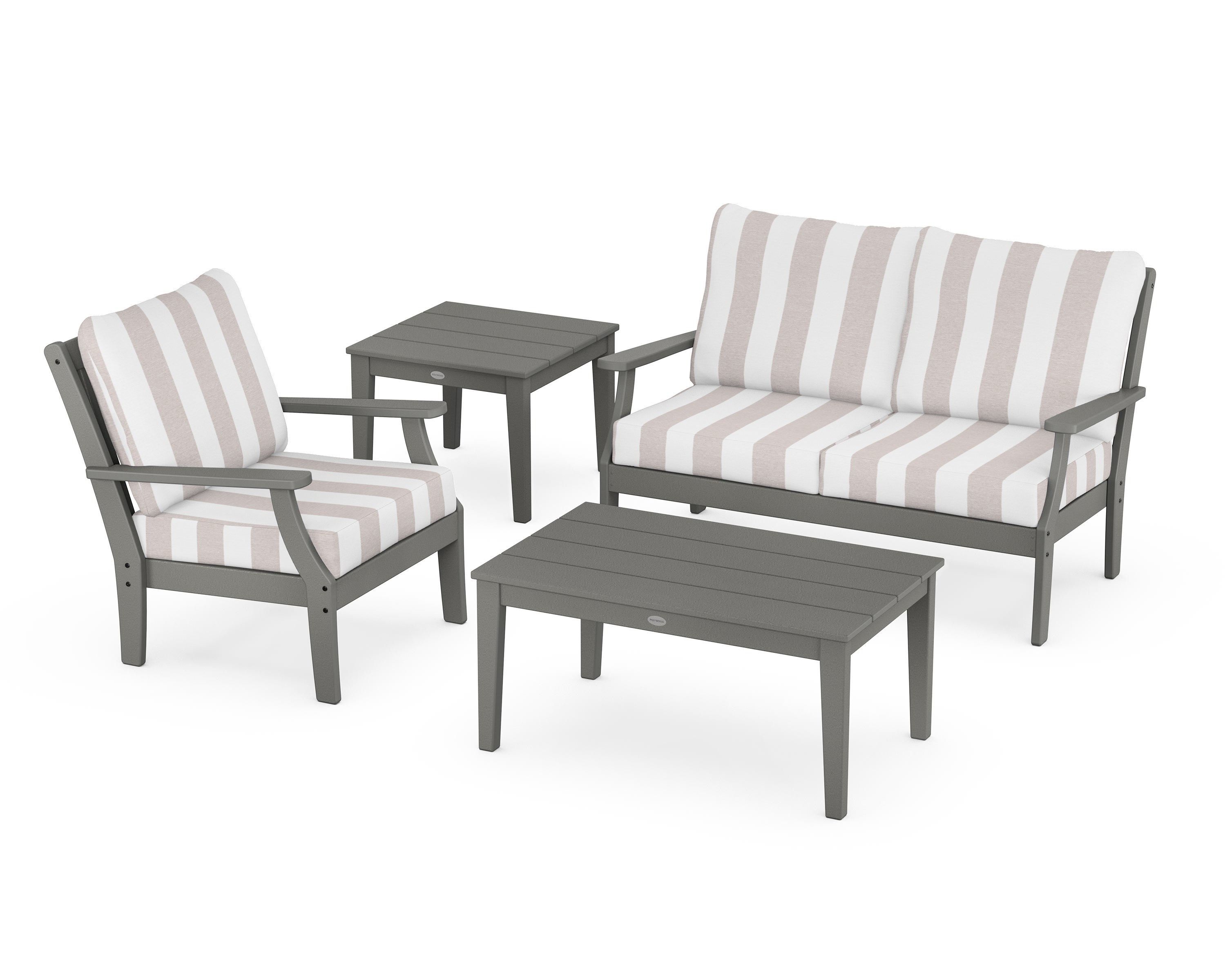 POLYWOOD® Braxton 4-Piece Deep Seating Set in Slate Grey / Cabana Stripe Dune Burlap