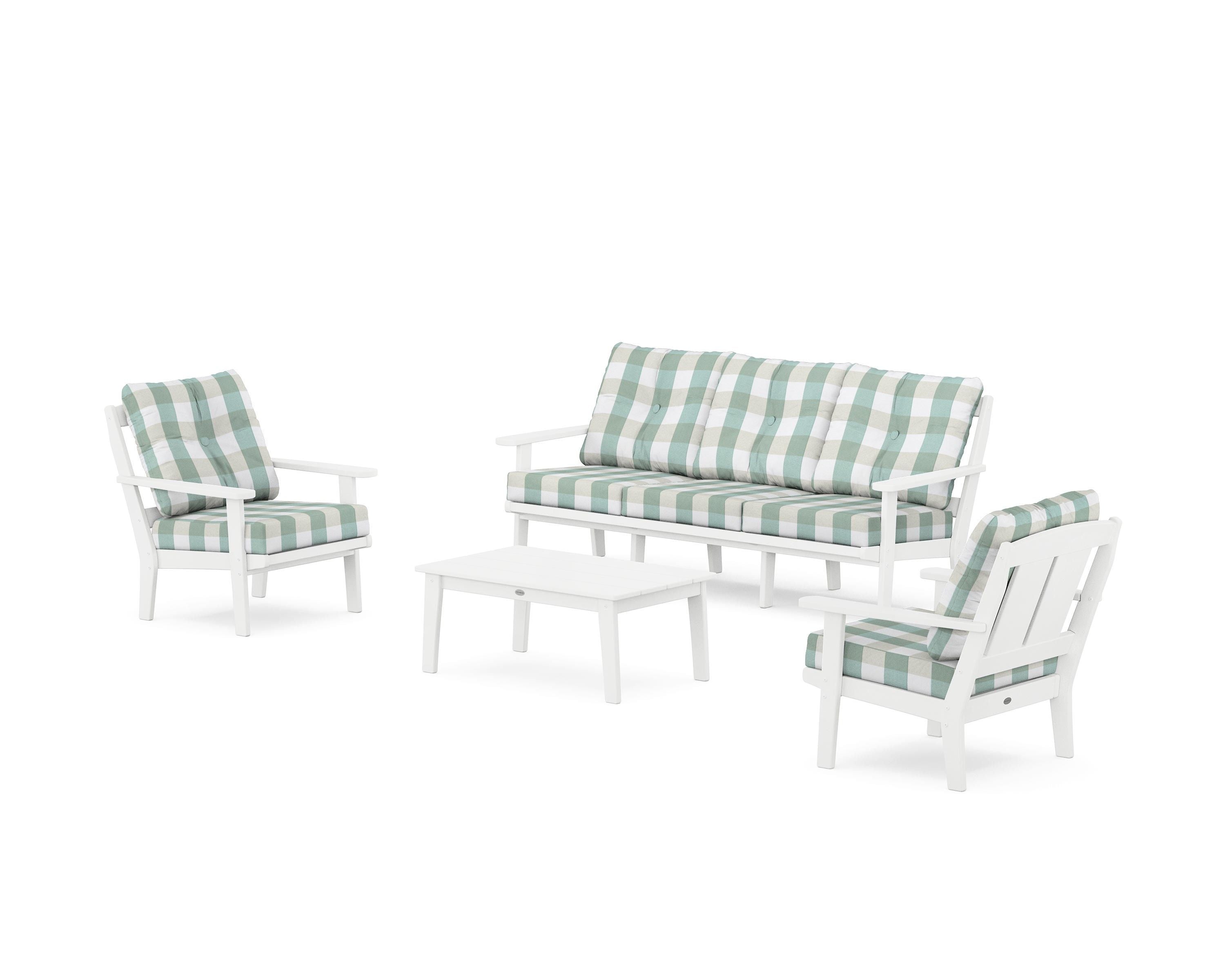 POLYWOOD® Mission 4-Piece Deep Seating Set with Sofa in White / Buffalo Plaid Glacier Spa