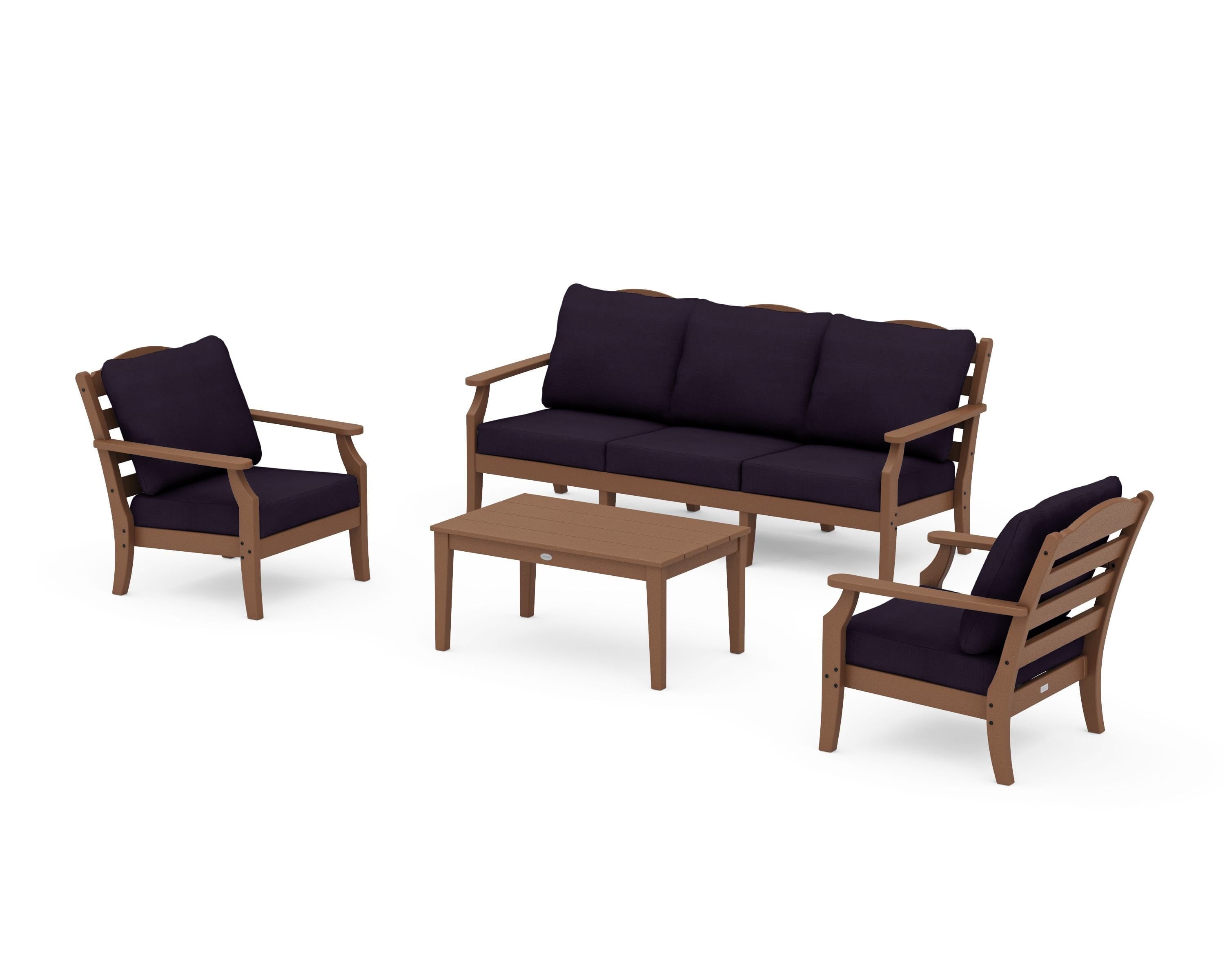 Draper James™ by  POLYWOOD® Savannah 4-Piece Deep Seating Set with Sofa in Teak / Navy Linen