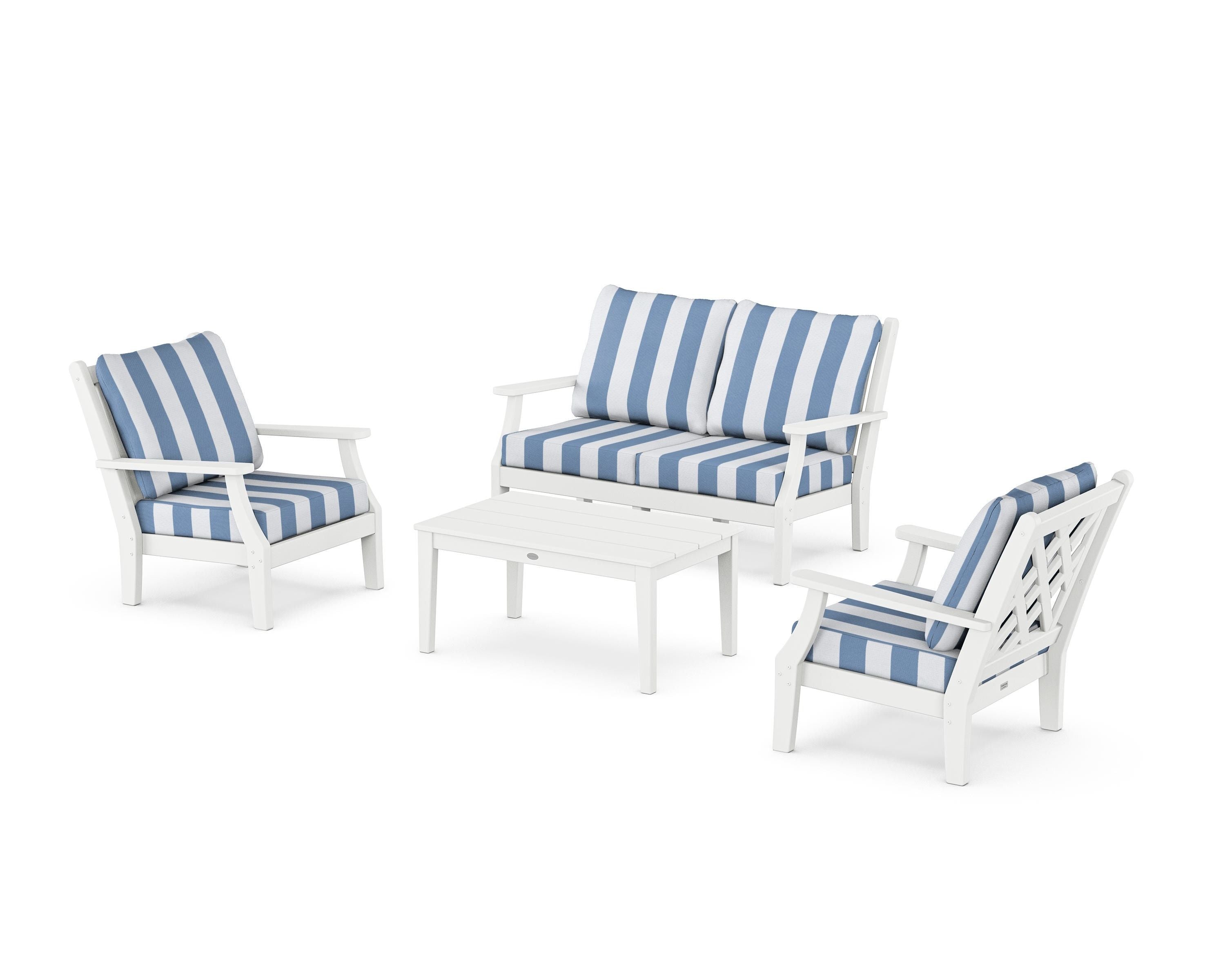 Country Living Wovendale 4-Piece Deep Seating Set with Loveseat in White / Cabana Stripe Sky Blue