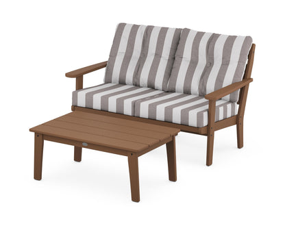 POLYWOOD® Lakeside 2-Piece Lounge Loveseat Set in Teak / Cabana Stripe Grey Mist