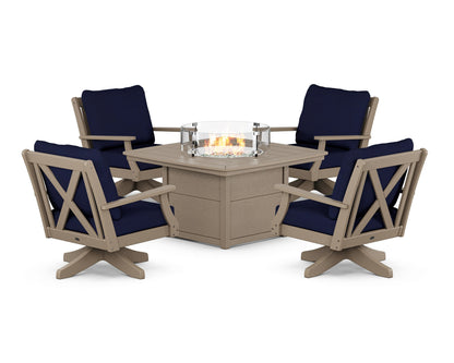 POLYWOOD® Braxton 5-Piece Deep Seating Swivel Conversation Set with Fire Pit Table in Vintage Sahara / Navy
