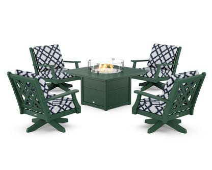 Country Living Wovendale 5-Piece Deep Seating Swivel Conversation Set with Fire Pit Table in Green / Trellis Marine Indigo