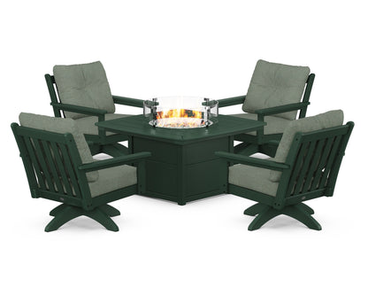 POLYWOOD® Vineyard 5-Piece Deep Seating Swivel Conversation Set with Fire Pit Table in Green / Cast Sage