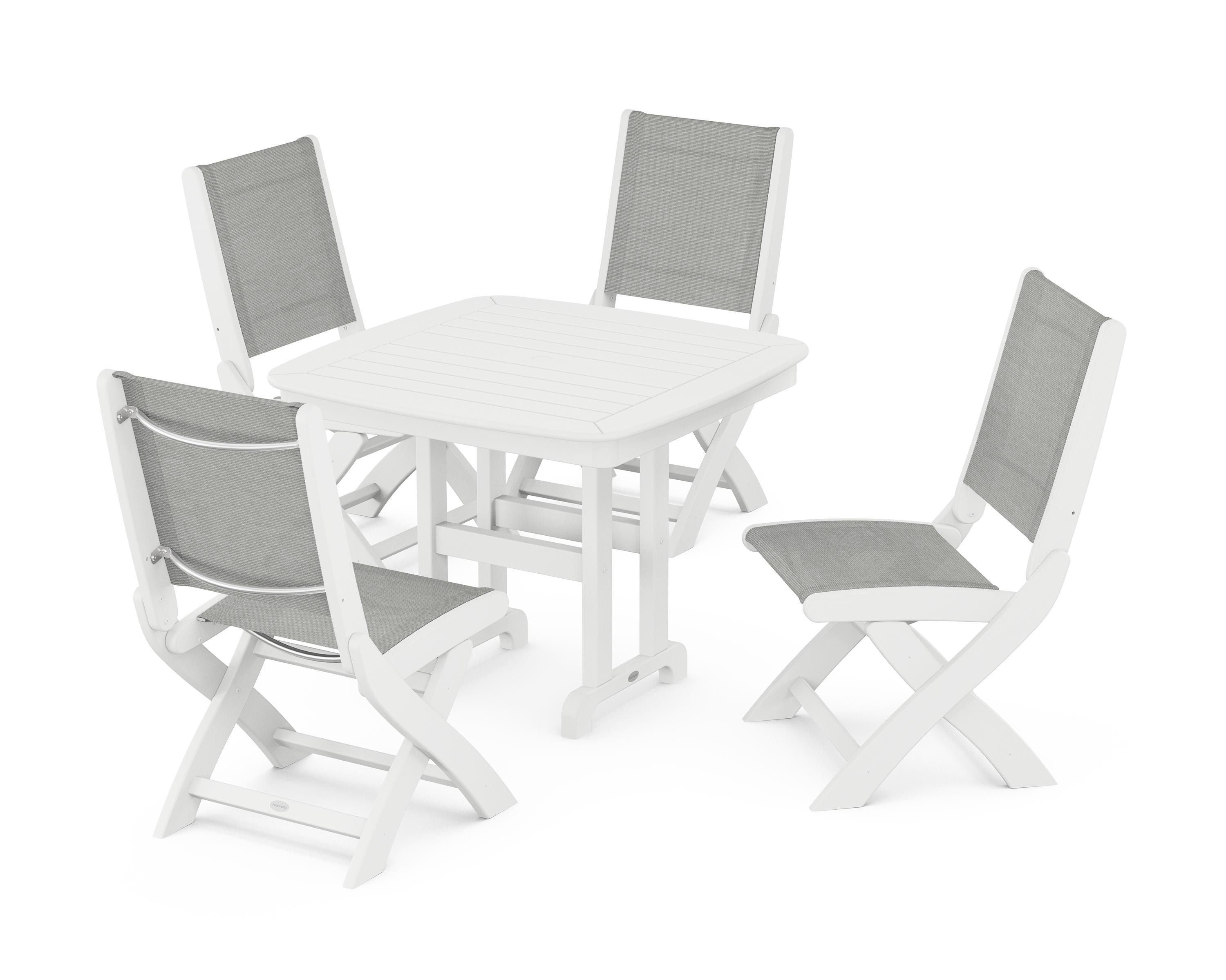 POLYWOOD® Coastal Folding Side Chair 5-Piece Dining Set in White / Metallic Sling