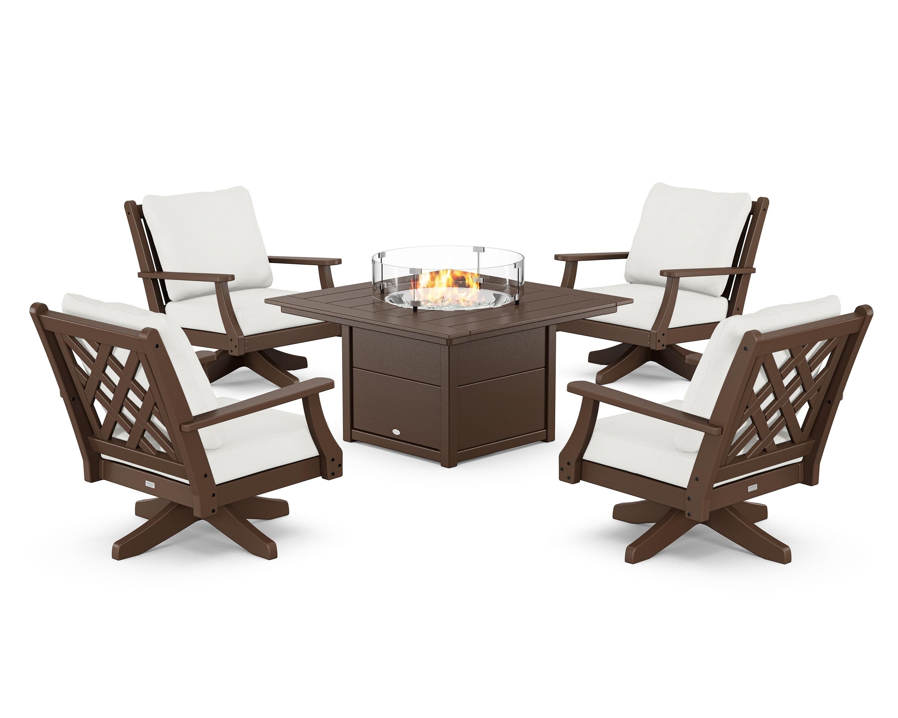Country Living Wovendale 5-Piece Deep Seating Swivel Conversation Set with Fire Pit Table in Mahogany / Natural Linen