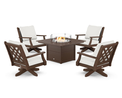 Country Living Wovendale 5-Piece Deep Seating Swivel Conversation Set with Fire Pit Table in Mahogany / Natural Linen