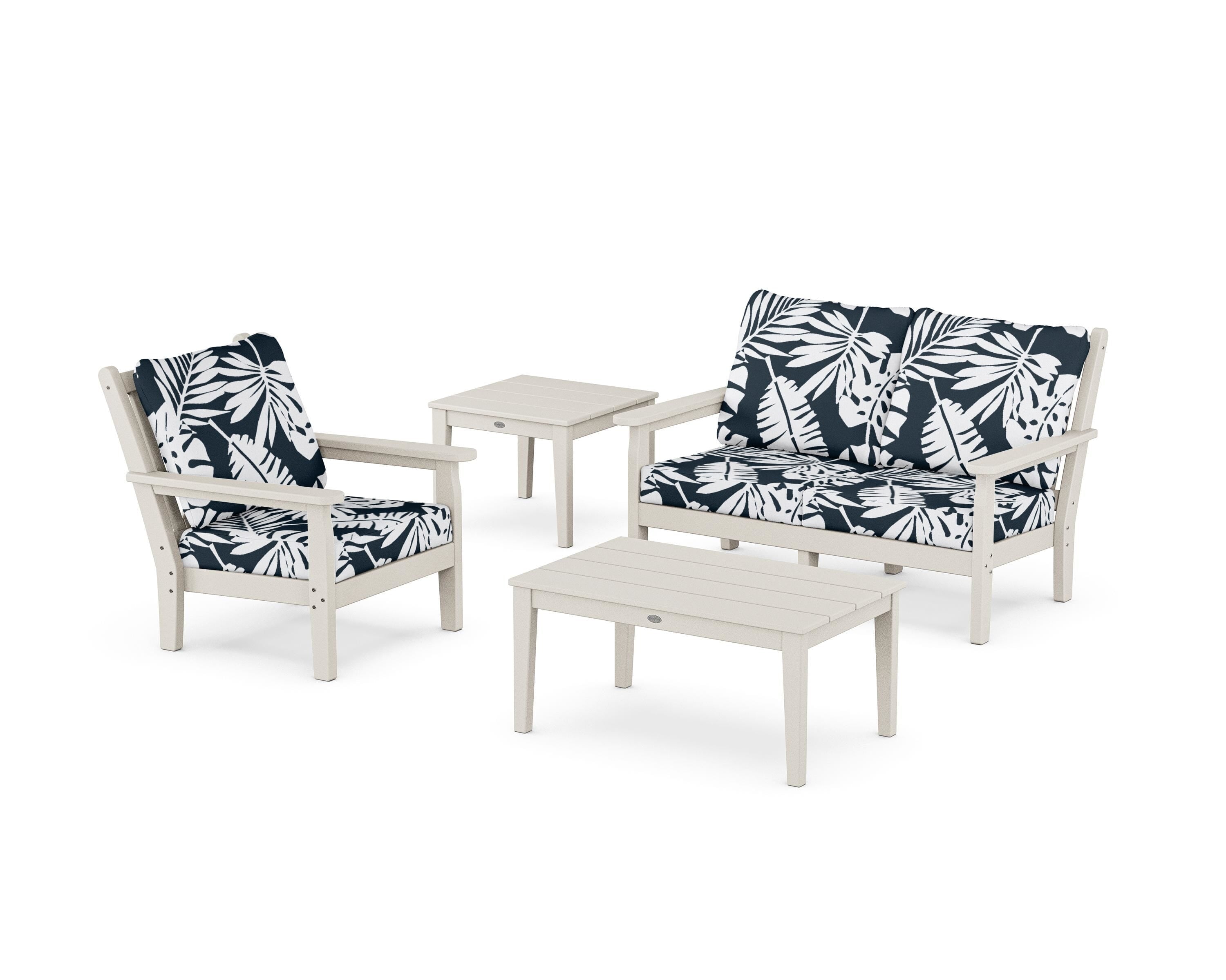 POLYWOOD® Chippendale 4-Piece Deep Seating Set in Sand / Leaf Marine Indigo