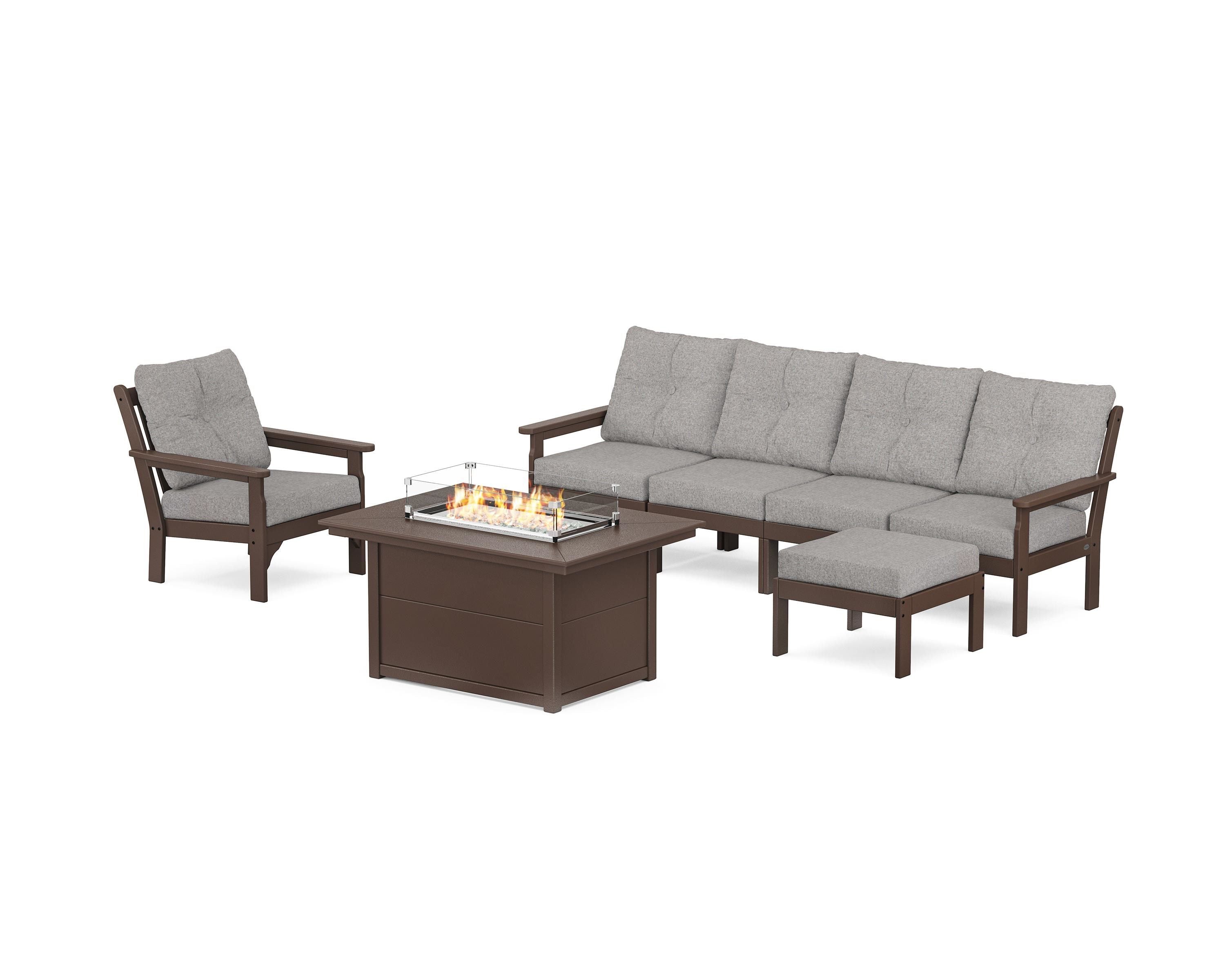 POLYWOOD® Vineyard Sectional Lounge and Fire Pit Set in Mahogany / Grey Mist