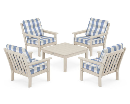 POLYWOOD® Vineyard 5-Piece Deep Seating Conversation Set in Sand / Buffalo Plaid Sky Blue